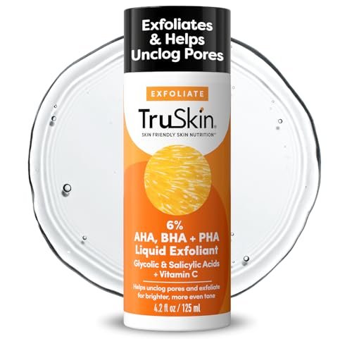 TruSkin BHA Liquid Exfoliant & Toner for Face - Triple Acid AHA BHA PHA Exfoliator with Salicylic, Glycolic Acid & Vitamin C - Improves Look of Tone & Texture, Unclogs Pores, 4.2 fl oz Avelisse