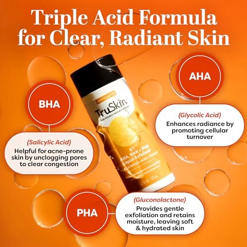 TruSkin BHA Liquid Exfoliant & Toner for Face - Triple Acid AHA BHA PHA Exfoliator with Salicylic, Glycolic Acid & Vitamin C - Improves Look of Tone & Texture, Unclogs Pores, 4.2 fl oz Avelisse
