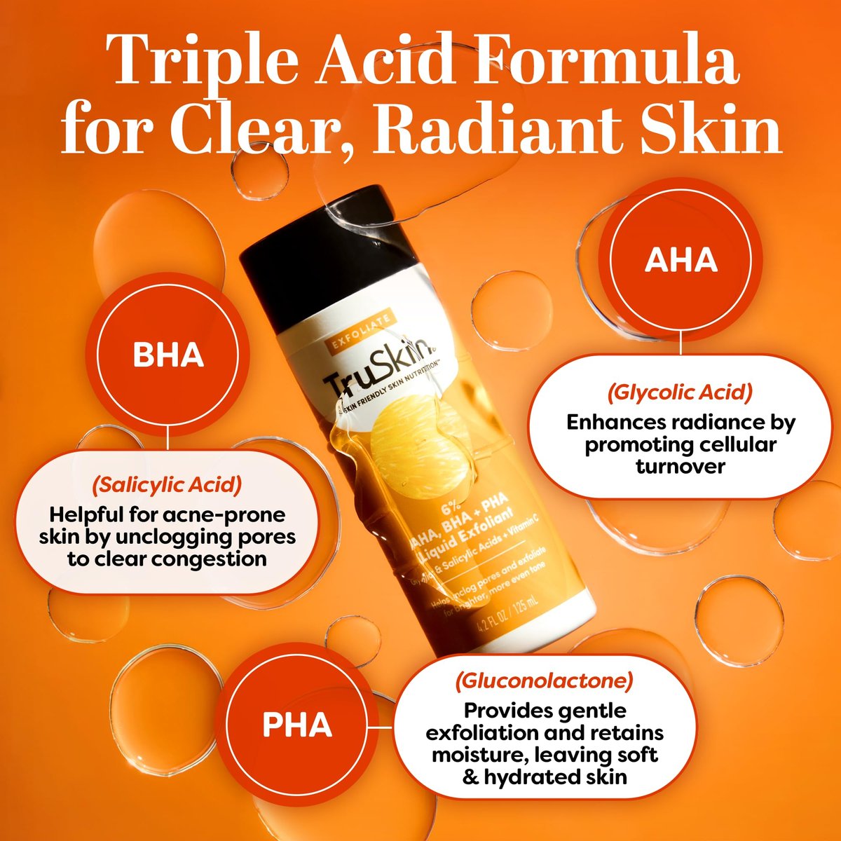 TruSkin BHA Liquid Exfoliant & Toner for Face - Triple Acid AHA BHA PHA Exfoliator with Salicylic, Glycolic Acid & Vitamin C - Improves Look of Tone & Texture, Unclogs Pores, 4.2 fl oz Avelisse