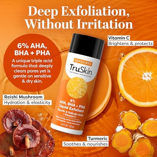 TruSkin BHA Liquid Exfoliant & Toner for Face - Triple Acid AHA BHA PHA Exfoliator with Salicylic, Glycolic Acid & Vitamin C - Improves Look of Tone & Texture, Unclogs Pores, 4.2 fl oz Avelisse