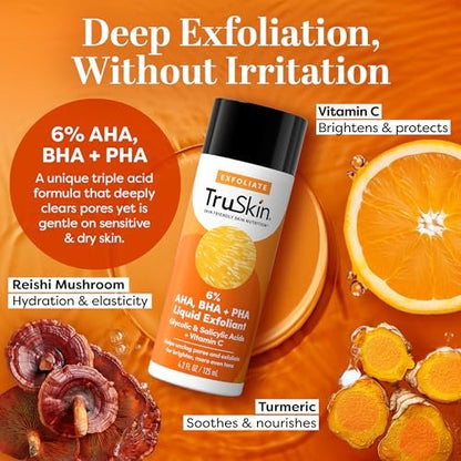 TruSkin BHA Liquid Exfoliant & Toner for Face - Triple Acid AHA BHA PHA Exfoliator with Salicylic, Glycolic Acid & Vitamin C - Improves Look of Tone & Texture, Unclogs Pores, 4.2 fl oz Avelisse