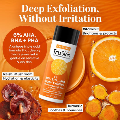 TruSkin BHA Liquid Exfoliant & Toner for Face - Triple Acid AHA BHA PHA Exfoliator with Salicylic, Glycolic Acid & Vitamin C - Improves Look of Tone & Texture, Unclogs Pores, 4.2 fl oz Avelisse
