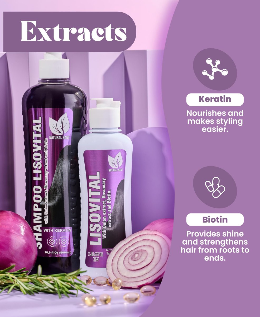 Natural Sant Liso Vital Duo Kit - Shampoo & Leave-In Conditioner with Red Onion Extract, Biotin & Rosemary for Anti-Frizz and Heat Protection Avelisse