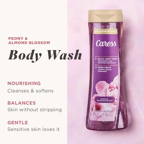 Caress Peony & Almond Blossom Body Wash with Hyaluronic Acid & Vitamin B3, 20 fl oz (4 Pack) – Silky Soft, Moisturized Skin with Long-Lasting Floral Fragrance Avelisse