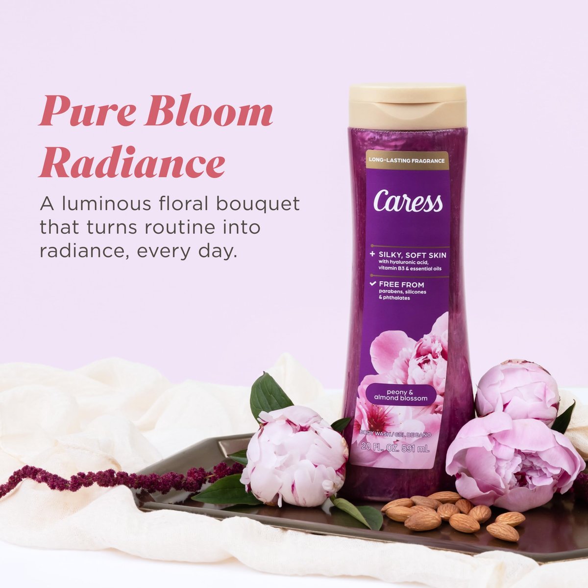Caress Peony & Almond Blossom Body Wash with Hyaluronic Acid & Vitamin B3, 20 fl oz (4 Pack) – Silky Soft, Moisturized Skin with Long-Lasting Floral Fragrance Avelisse