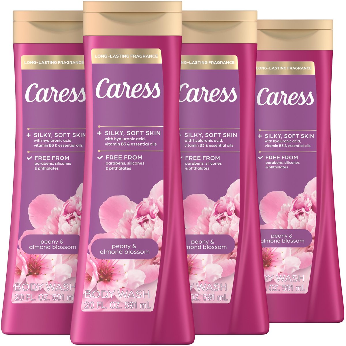 Caress Peony & Almond Blossom Body Wash with Hyaluronic Acid & Vitamin B3, 20 fl oz (4 Pack) – Silky Soft, Moisturized Skin with Long-Lasting Floral Fragrance Avelisse