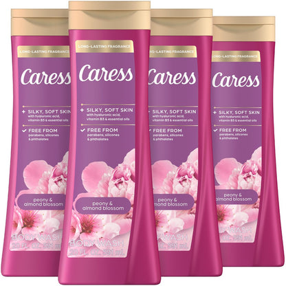 Caress Peony & Almond Blossom Body Wash with Hyaluronic Acid & Vitamin B3, 20 fl oz (4 Pack) – Silky Soft, Moisturized Skin with Long-Lasting Floral Fragrance Avelisse