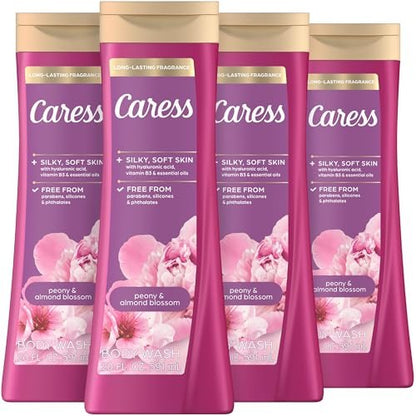 Caress Peony & Almond Blossom Body Wash with Hyaluronic Acid & Vitamin B3, 20 fl oz (4 Pack) – Silky Soft, Moisturized Skin with Long-Lasting Floral Fragrance Avelisse