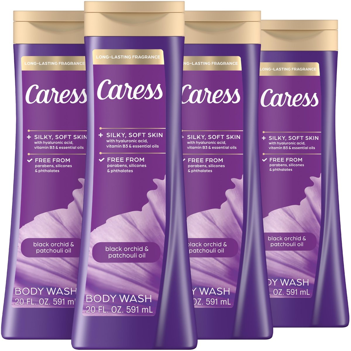 Caress Black Orchid & Patchouli Oil Body Wash with Hyaluronic Acid & Vitamin B3 – 4 Pack, 20 fl oz Each – Moisturizing Body Wash for Silky Soft Skin & Long-Lasting Exotic Fragrance - görsel 1