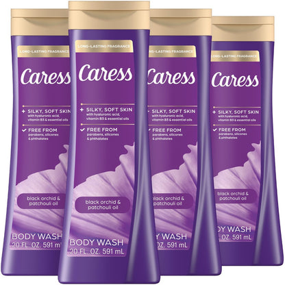 Caress Black Orchid & Patchouli Oil Body Wash with Hyaluronic Acid & Vitamin B3 – 4 Pack, 20 fl oz Each – Moisturizing Body Wash for Silky Soft Skin & Long-Lasting Exotic Fragrance