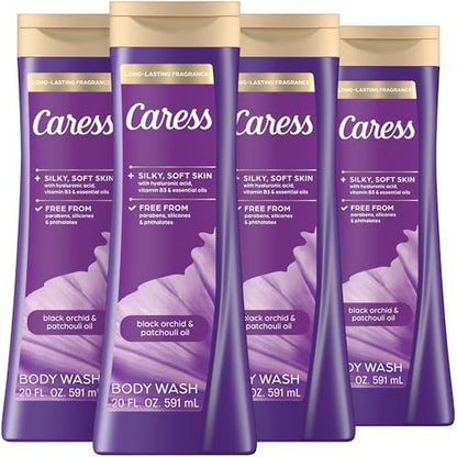 Caress Black Orchid & Patchouli Oil Body Wash with Hyaluronic Acid & Vitamin B3 – 4 Pack, 20 fl oz Each – Moisturizing Body Wash for Silky Soft Skin & Long-Lasting Exotic Fragrance