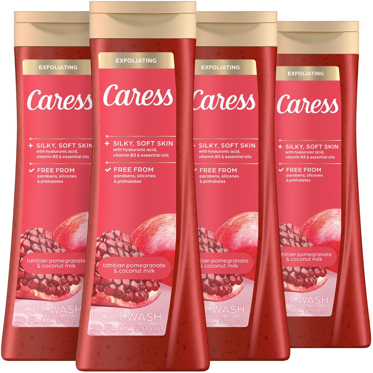 Caress Tahitian Pomegranate & Coconut Milk Exfoliating Scrub Body Wash with Hyaluronic Acid & Vitamin B3, 20 fl oz (Pack of 4) Avelisse