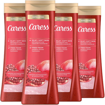 Caress Tahitian Pomegranate & Coconut Milk Exfoliating Scrub Body Wash with Hyaluronic Acid & Vitamin B3, 20 fl oz (Pack of 4) Avelisse