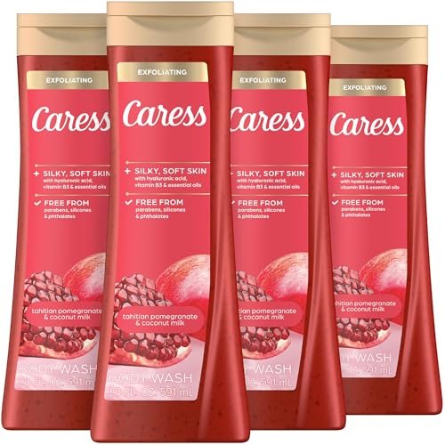 Caress Tahitian Pomegranate & Coconut Milk Exfoliating Scrub Body Wash with Hyaluronic Acid & Vitamin B3, 20 fl oz (Pack of 4) Avelisse