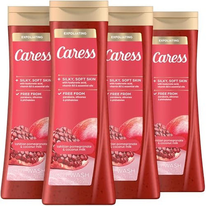 Caress Tahitian Pomegranate & Coconut Milk Exfoliating Scrub Body Wash with Hyaluronic Acid & Vitamin B3, 20 fl oz (Pack of 4) Avelisse