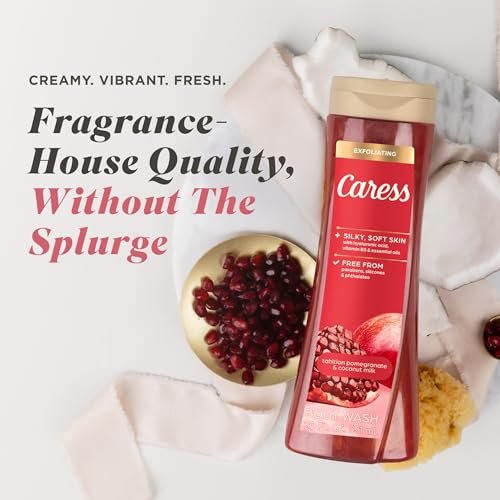 Caress Tahitian Pomegranate & Coconut Milk Exfoliating Scrub Body Wash with Hyaluronic Acid & Vitamin B3, 20 fl oz (Pack of 4) Avelisse