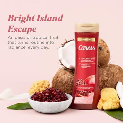 Caress Tahitian Pomegranate & Coconut Milk Exfoliating Scrub Body Wash with Hyaluronic Acid & Vitamin B3, 20 fl oz (Pack of 4) Avelisse