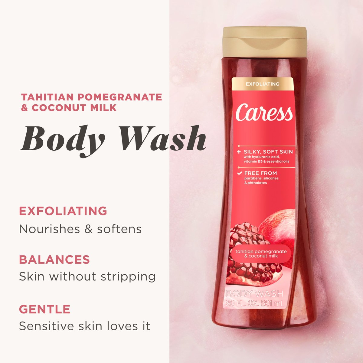Caress Tahitian Pomegranate & Coconut Milk Exfoliating Scrub Body Wash with Hyaluronic Acid & Vitamin B3, 20 fl oz (Pack of 4) Avelisse