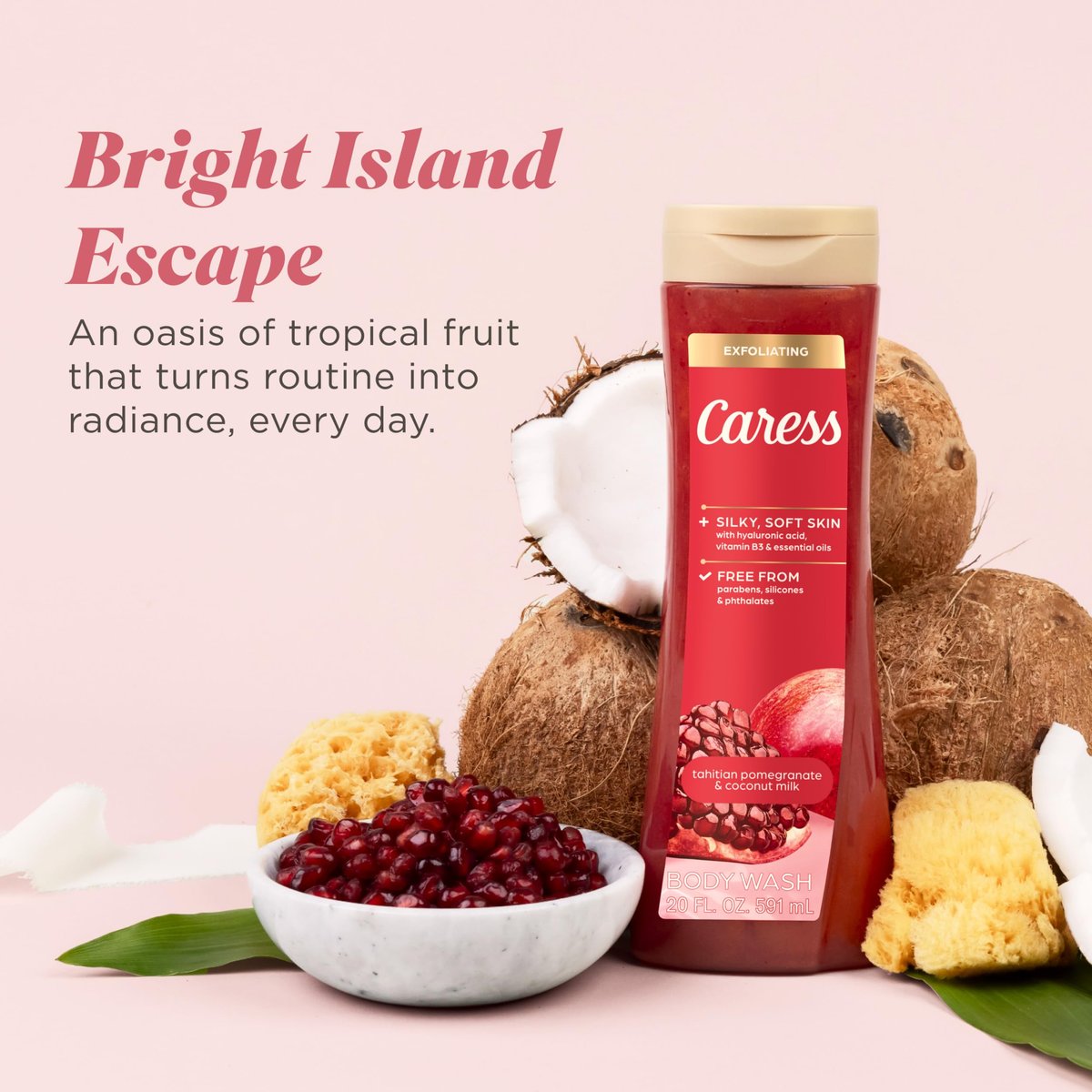 Caress Tahitian Pomegranate & Coconut Milk Exfoliating Scrub Body Wash with Hyaluronic Acid & Vitamin B3, 20 fl oz (Pack of 4) Avelisse