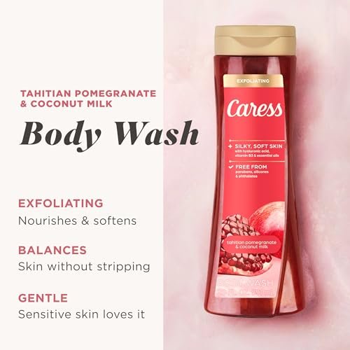 Caress Tahitian Pomegranate & Coconut Milk Exfoliating Scrub Body Wash with Hyaluronic Acid & Vitamin B3, 20 fl oz (Pack of 4) Avelisse