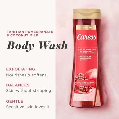 Caress Tahitian Pomegranate & Coconut Milk Exfoliating Scrub Body Wash with Hyaluronic Acid & Vitamin B3, 20 fl oz (Pack of 4) Avelisse