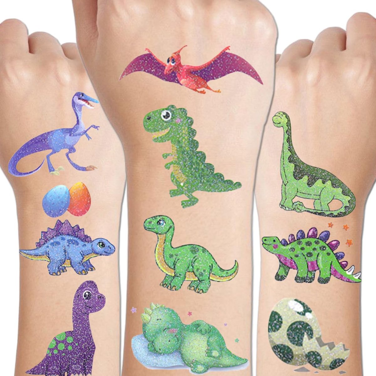 CHARLENT 110 Glitter Styles Dinosaur Temporary Tattoos for Kids - 14 Sheets Dino Tattoos for Boys Girls, Dinosaur Birthday Party Favors & Goodie Bag Fillers - görsel 1