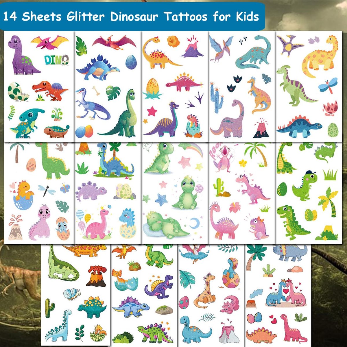 CHARLENT 110 Glitter Styles Dinosaur Temporary Tattoos for Kids - 14 Sheets Dino Tattoos for Boys Girls, Dinosaur Birthday Party Favors & Goodie Bag Fillers - görsel 3