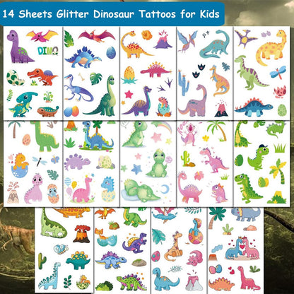 CHARLENT 110 Glitter Styles Dinosaur Temporary Tattoos for Kids - 14 Sheets Dino Tattoos for Boys Girls, Dinosaur Birthday Party Favors & Goodie Bag Fillers