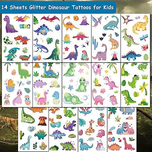 CHARLENT 110 Glitter Styles Dinosaur Temporary Tattoos for Kids - 14 Sheets Dino Tattoos for Boys Girls, Dinosaur Birthday Party Favors & Goodie Bag Fillers - görsel 4