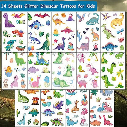 CHARLENT 110 Glitter Styles Dinosaur Temporary Tattoos for Kids - 14 Sheets Dino Tattoos for Boys Girls, Dinosaur Birthday Party Favors & Goodie Bag Fillers
