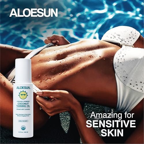 ALOESUN Organic Coconut Tanning Oil Spray with Lavender - Natural Deep Tan Accelerator, Moisturizing, Non-Greasy, Vegan & Cruelty-Free - 3.4 oz Travel Size Avelisse