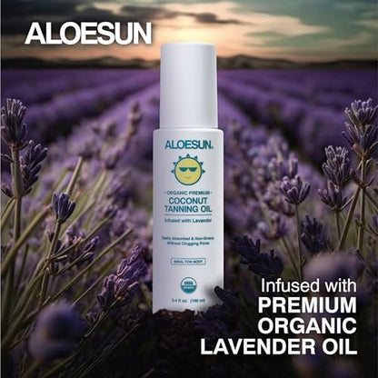 ALOESUN Organic Coconut Tanning Oil Spray with Lavender - Natural Deep Tan Accelerator, Moisturizing, Non-Greasy, Vegan & Cruelty-Free - 3.4 oz Travel Size Avelisse