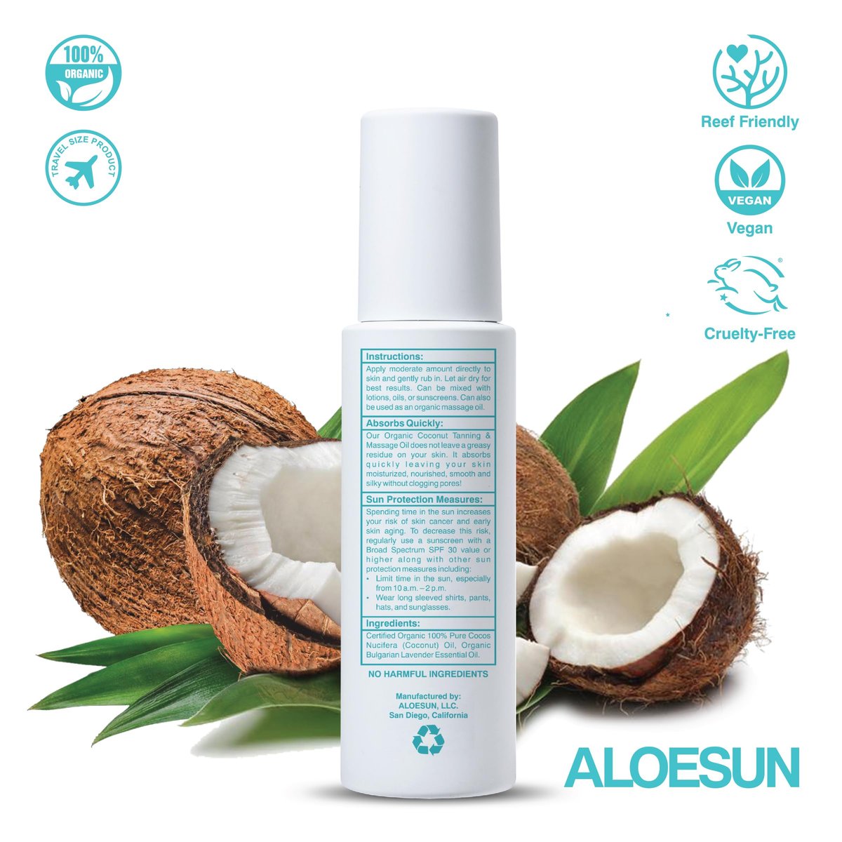 ALOESUN Organic Coconut Tanning Oil Spray with Lavender - Natural Deep Tan Accelerator, Moisturizing, Non-Greasy, Vegan & Cruelty-Free - 3.4 oz Travel Size Avelisse