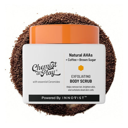 Chemist at Play Exfoliating Body Scrub for Tan Removal & Dead Skin | Coffee & Natural AHAs | Smooth, Soft, Bright Skin | 2.6 fl oz