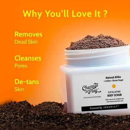 Chemist at Play Exfoliating Body Scrub for Tan Removal & Dead Skin | Coffee & Natural AHAs | Smooth, Soft, Bright Skin | 2.6 fl oz