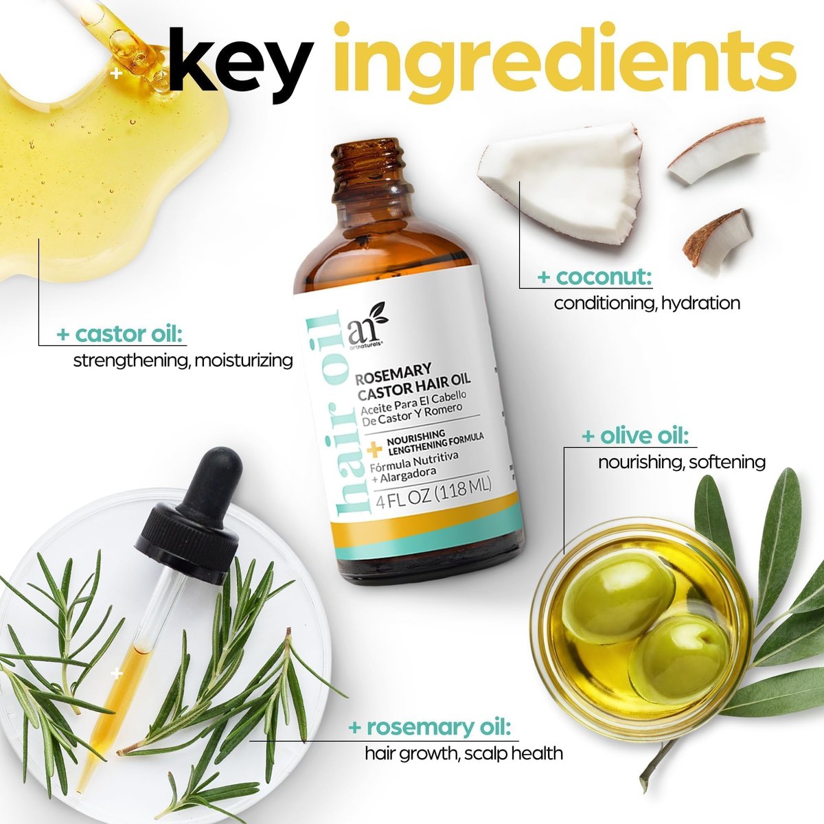 Artnaturals Organic Rosemary Castor Hair Oil + Massager Set for Hair Growth – 4 oz with Coconut & Olive Oil, for Dry, Damaged & Split Ends Avelisse