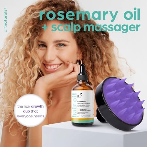Artnaturals Organic Rosemary Castor Hair Oil + Massager Set for Hair Growth – 4 oz with Coconut & Olive Oil, for Dry, Damaged & Split Ends Avelisse