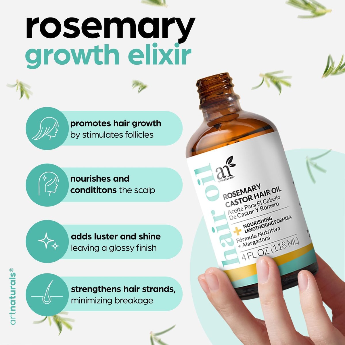 Artnaturals Organic Rosemary Castor Hair Oil + Massager Set for Hair Growth – 4 oz with Coconut & Olive Oil, for Dry, Damaged & Split Ends Avelisse