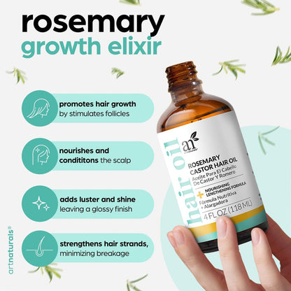 Artnaturals Organic Rosemary Castor Hair Oil + Massager Set for Hair Growth – 4 oz with Coconut & Olive Oil, for Dry, Damaged & Split Ends Avelisse