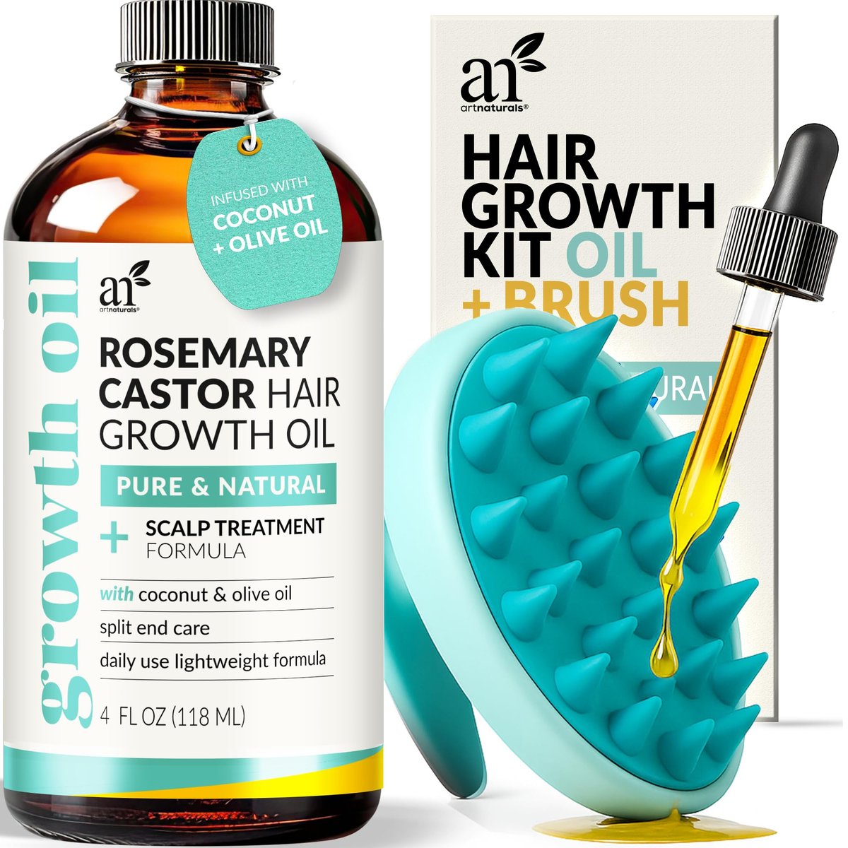 Artnaturals Organic Rosemary Castor Hair Oil + Massager Set for Hair Growth – 4 oz with Coconut & Olive Oil, for Dry, Damaged & Split Ends Avelisse
