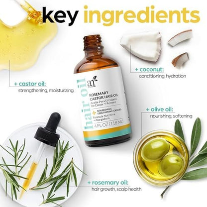 Artnaturals Organic Rosemary Castor Hair Oil + Massager Set for Hair Growth – 4 oz with Coconut & Olive Oil, for Dry, Damaged & Split Ends Avelisse