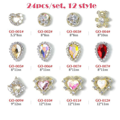 KACHIMOO 24pcs Luxury Laser Design Heart Nail Charms - Alloy Gold Nail Art Rhinestones for Women DIY