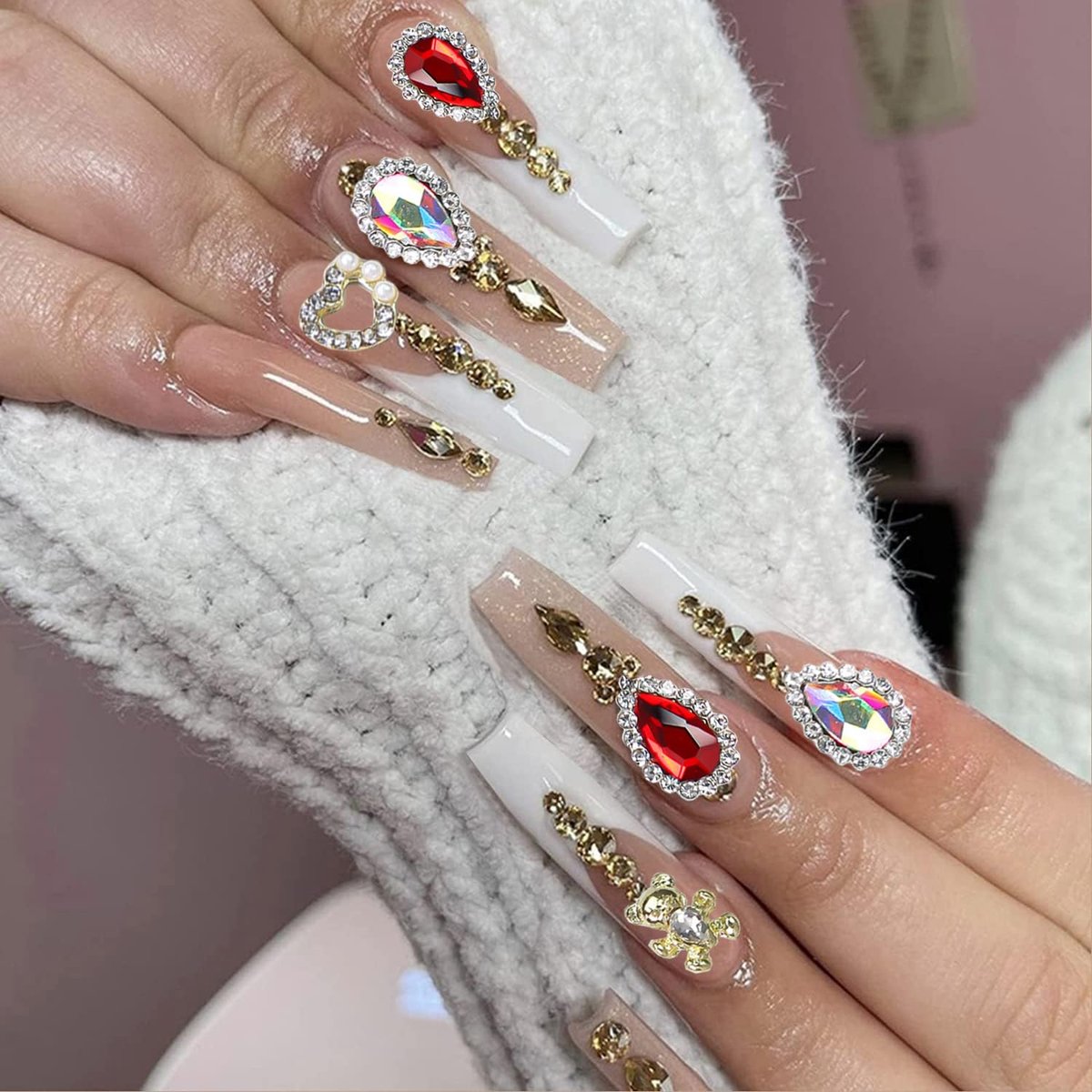 KACHIMOO 24pcs Luxury Laser Design Heart Nail Charms - Alloy Gold Nail Art Rhinestones for Women DIY - görsel 7