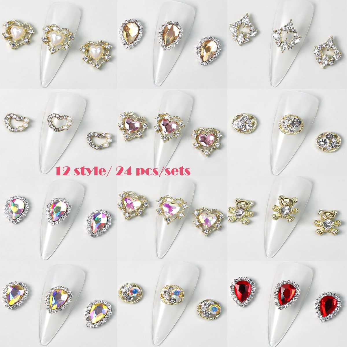 KACHIMOO 24pcs Luxury Laser Design Heart Nail Charms - Alloy Gold Nail Art Rhinestones for Women DIY - görsel 5