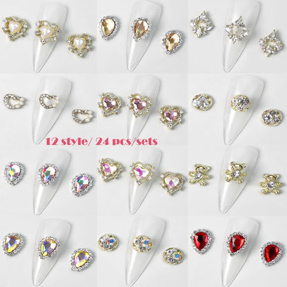 KACHIMOO 24pcs Luxury Laser Design Heart Nail Charms - Alloy Gold Nail Art Rhinestones for Women DIY