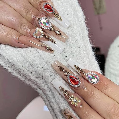 KACHIMOO 24pcs Luxury Laser Design Heart Nail Charms - Alloy Gold Nail Art Rhinestones for Women DIY