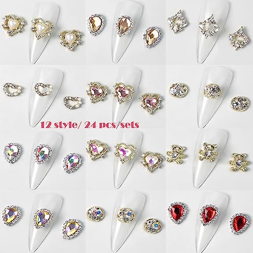 KACHIMOO 24pcs Luxury Laser Design Heart Nail Charms - Alloy Gold Nail Art Rhinestones for Women DIY - görsel 4