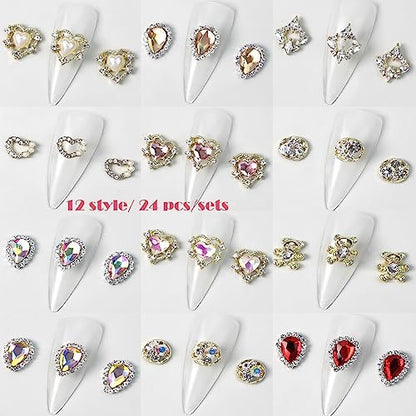 KACHIMOO 24pcs Luxury Laser Design Heart Nail Charms - Alloy Gold Nail Art Rhinestones for Women DIY
