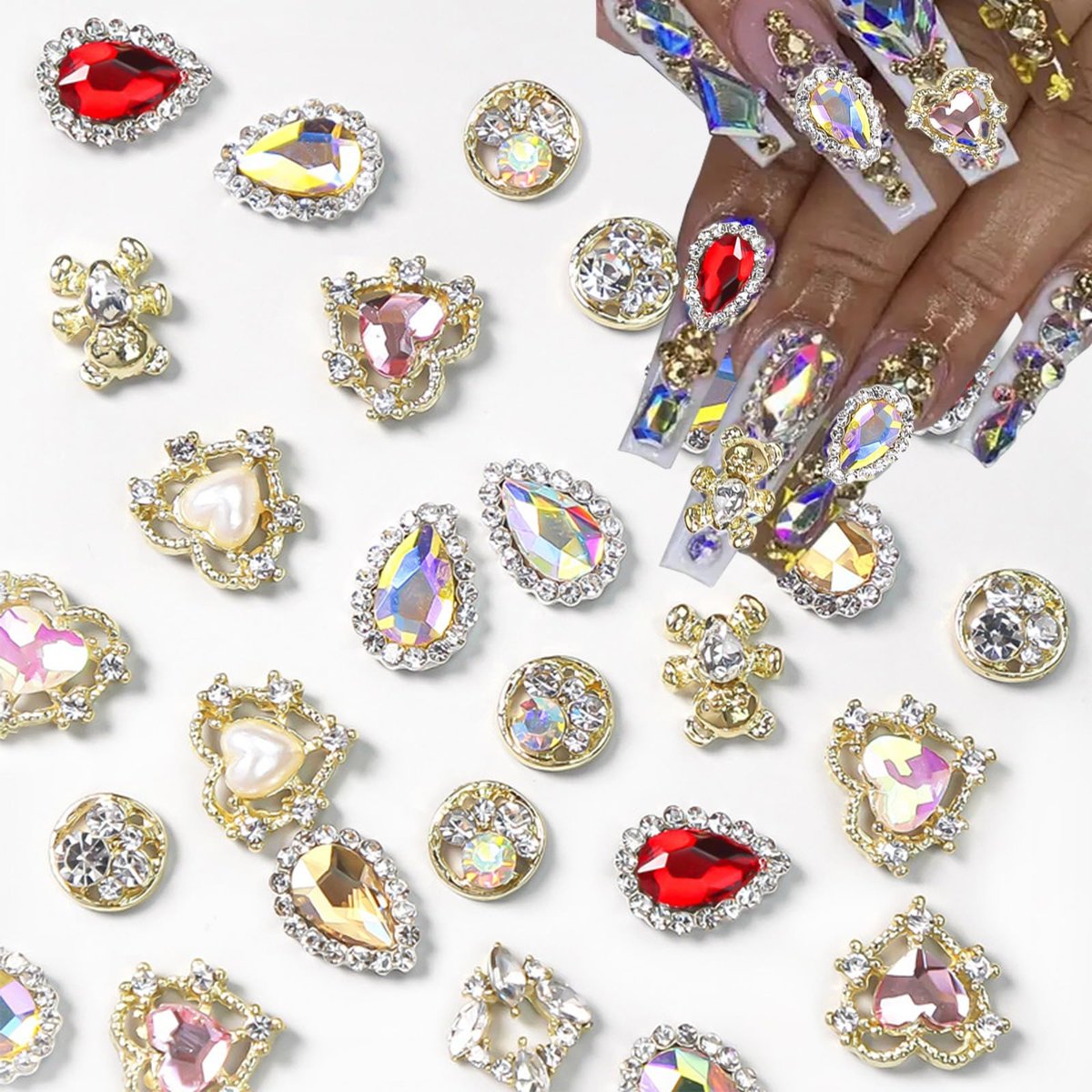 KACHIMOO 24pcs Luxury Laser Design Heart Nail Charms - Alloy Gold Nail Art Rhinestones for Women DIY - görsel 2