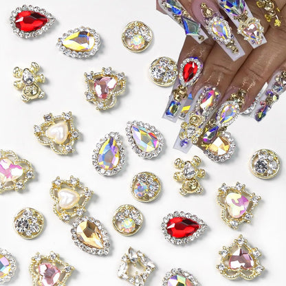 KACHIMOO 24pcs Luxury Laser Design Heart Nail Charms - Alloy Gold Nail Art Rhinestones for Women DIY